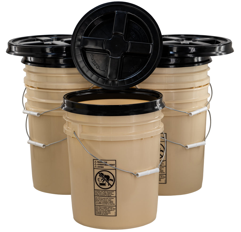 5 Gallon Tan Bucket with Black Gamma Seal Lid, 5 Pack